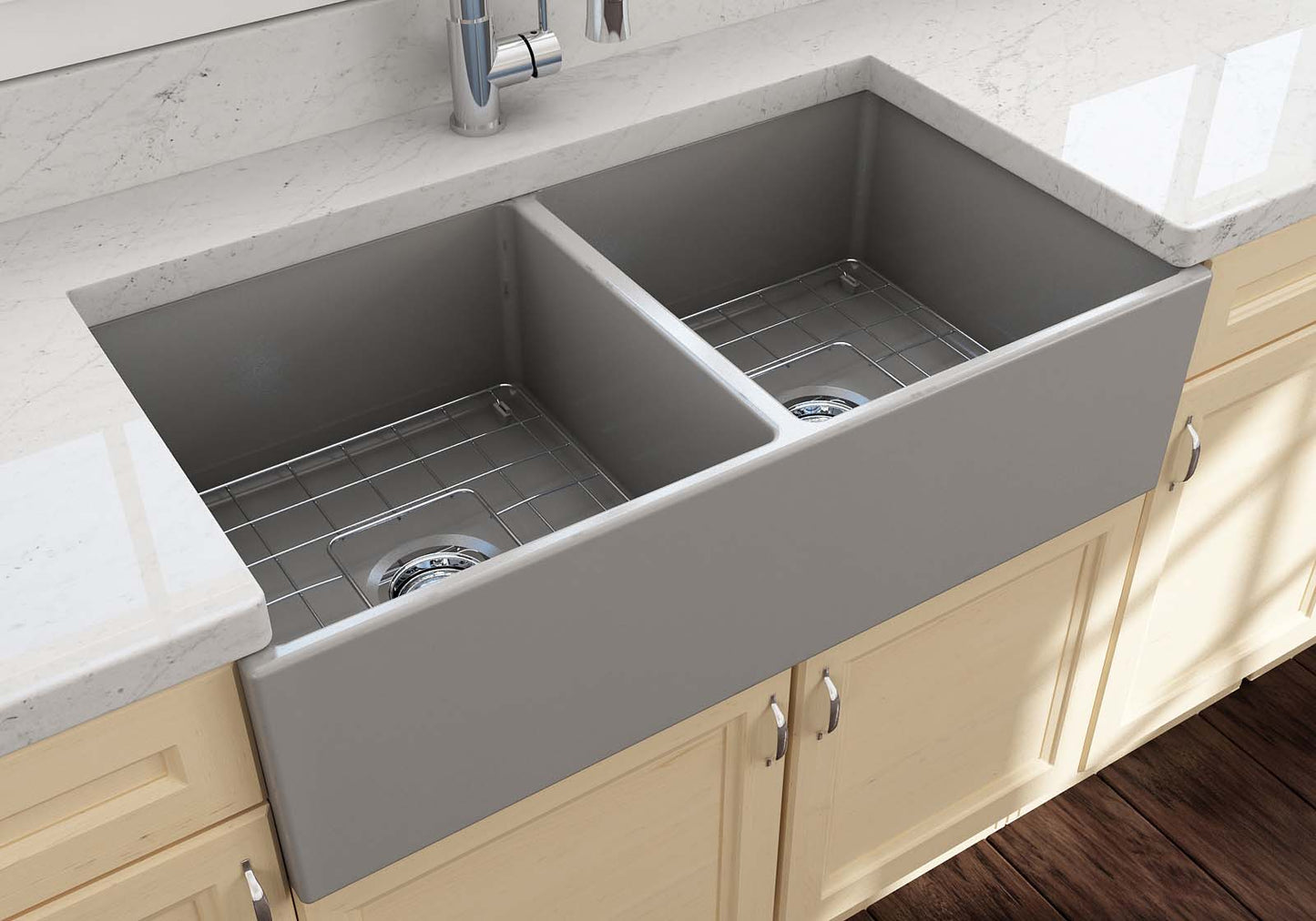 BOCCHI CONTEMPO 36" Fireclay Farmhouse Double Bowl Kitchen Sink with Protective Bottom Grid and Strainer