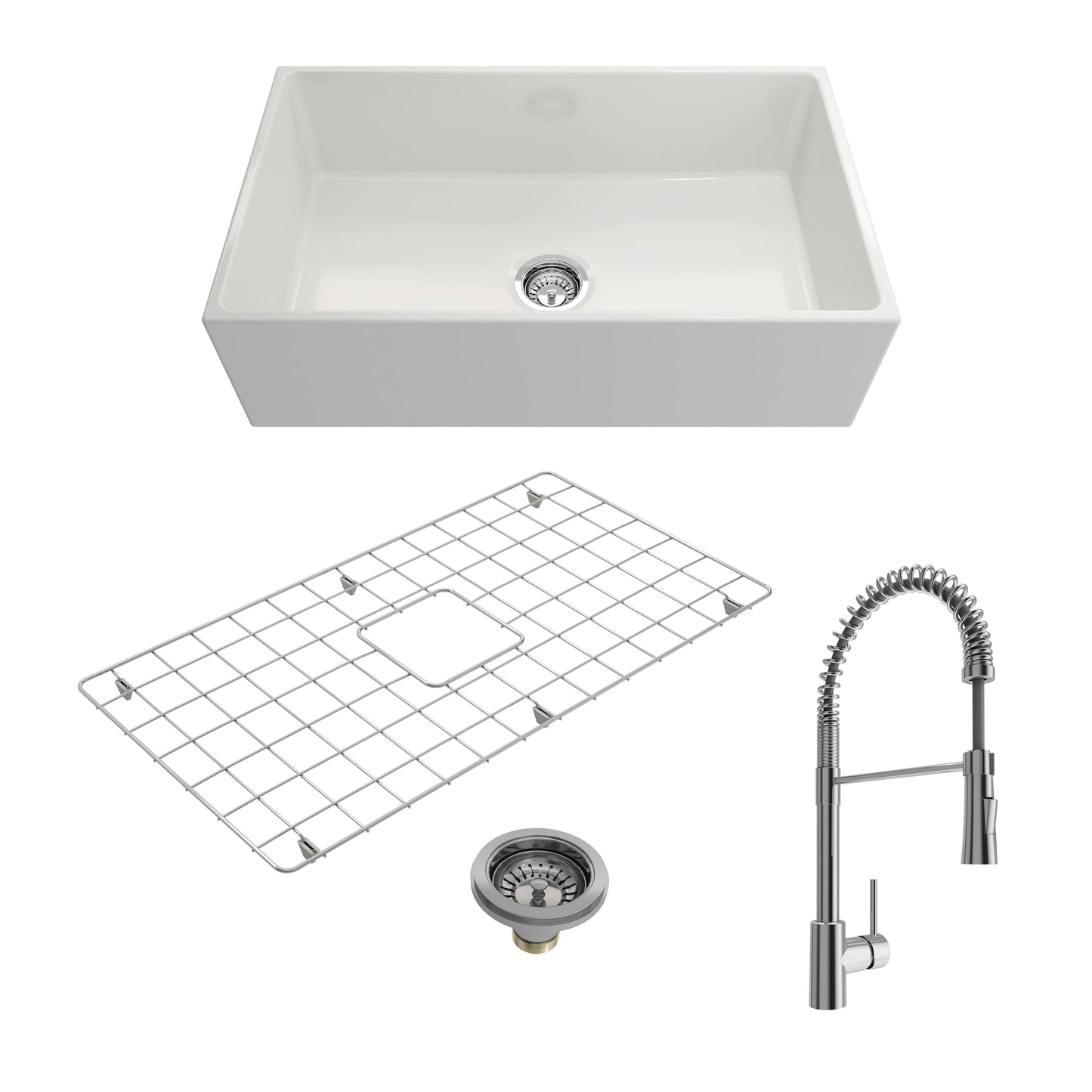 BOCCHI CONTEMPO 33" Fireclay Kitchen Sink with Protective Bottom Grid and Strainer with Livenza 2.0 Faucet