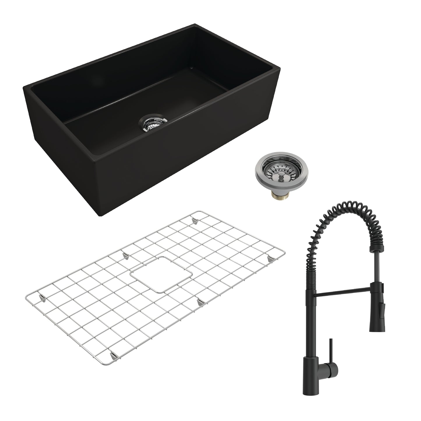 BOCCHI CONTEMPO 33" Fireclay Kitchen Sink with Protective Bottom Grid and Strainer with Livenza 2.0 Faucet