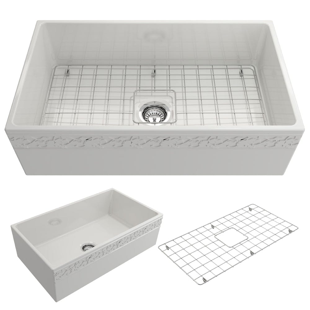 BOCCHI VIGNETO 33" Fireclay Farmhouse Single Bowl Kitchen Sink with Protective Bottom Grid and Strainer