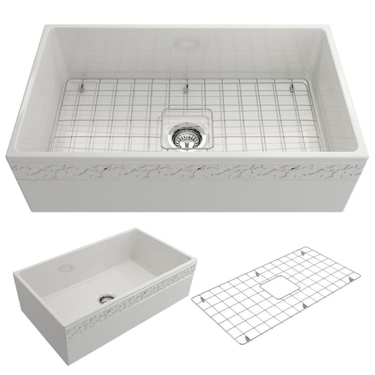 BOCCHI VIGNETO 33" Fireclay Farmhouse Single Bowl Kitchen Sink with Protective Bottom Grid and Strainer