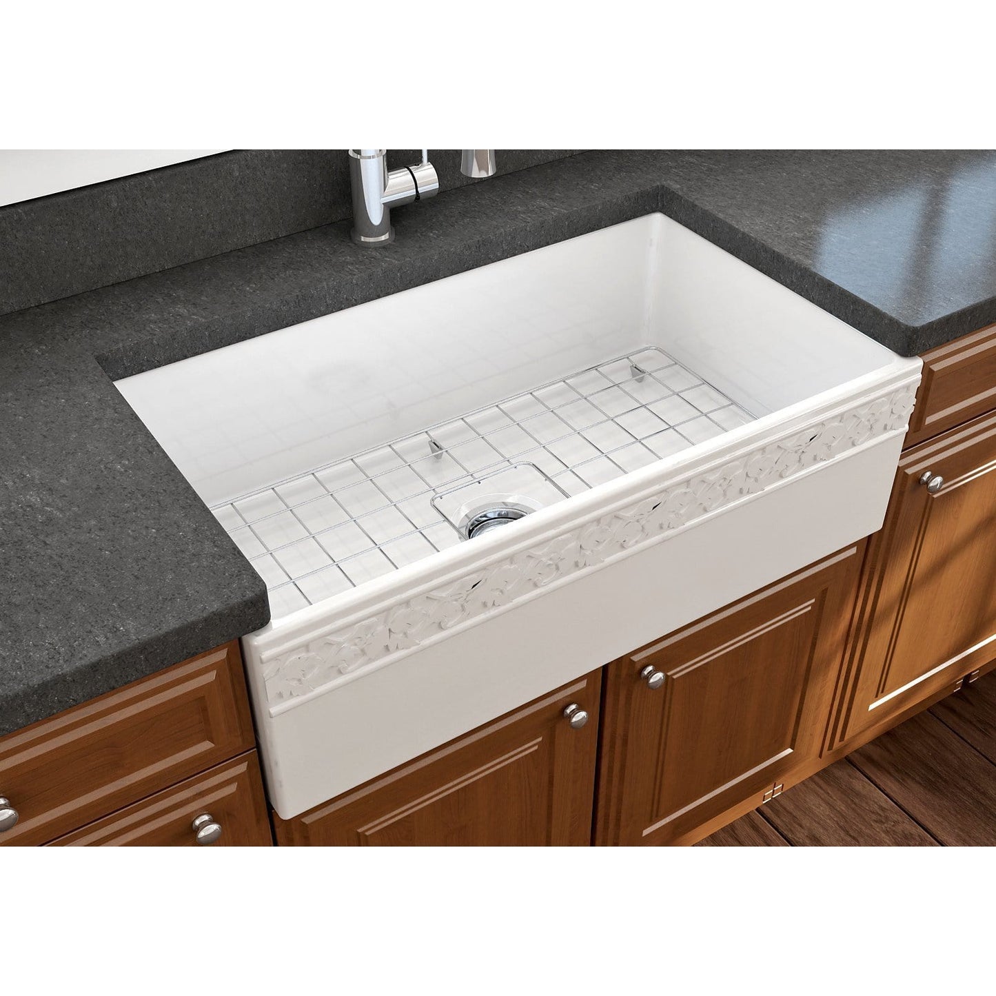 BOCCHI VIGNETO 33" Fireclay Farmhouse Single Bowl Kitchen Sink with Protective Bottom Grid and Strainer