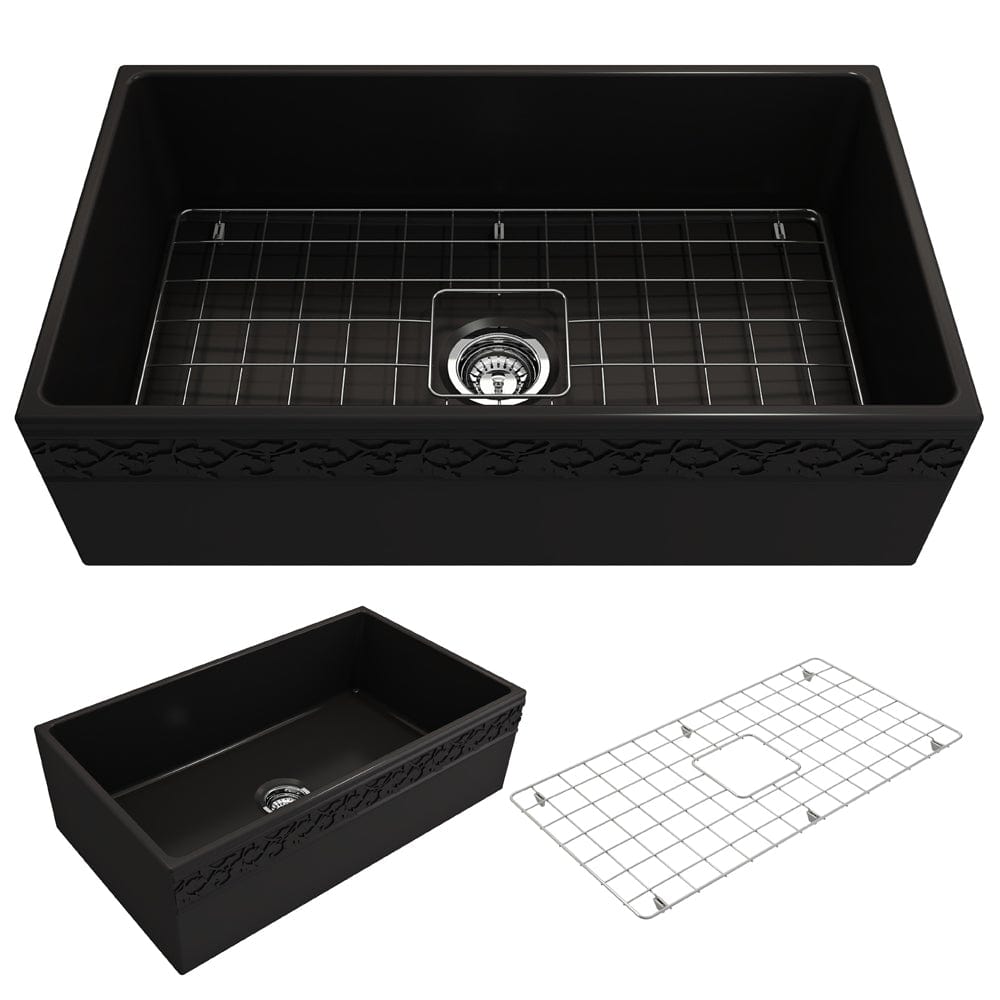 BOCCHI VIGNETO 33" Fireclay Farmhouse Single Bowl Kitchen Sink with Protective Bottom Grid and Strainer