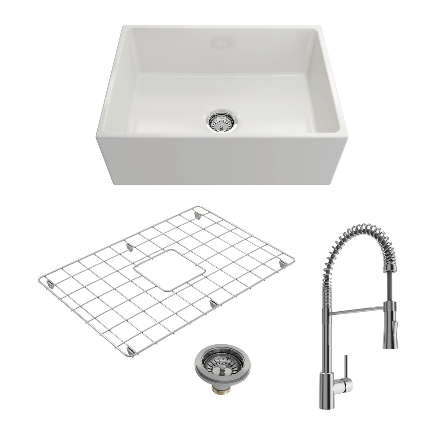 BOCCHI CONTEMPO 27" Fireclay Kitchen Sink with Protective Bottom Grid and Strainer with Livenza 2.0 Faucet