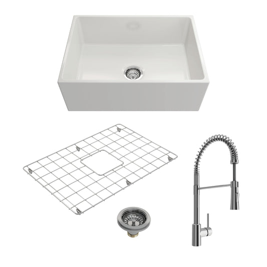 BOCCHI CONTEMPO 27" Fireclay Kitchen Sink with Protective Bottom Grid and Strainer with Livenza 2.0 Faucet