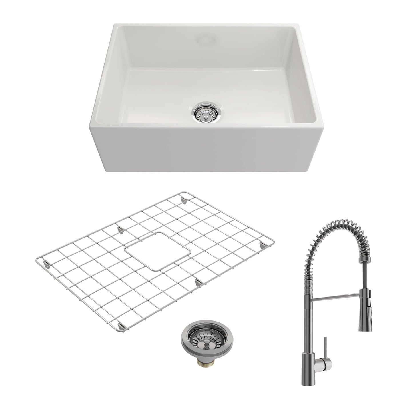 BOCCHI CONTEMPO 27" Fireclay Kitchen Sink with Protective Bottom Grid and Strainer with Livenza 2.0 Faucet