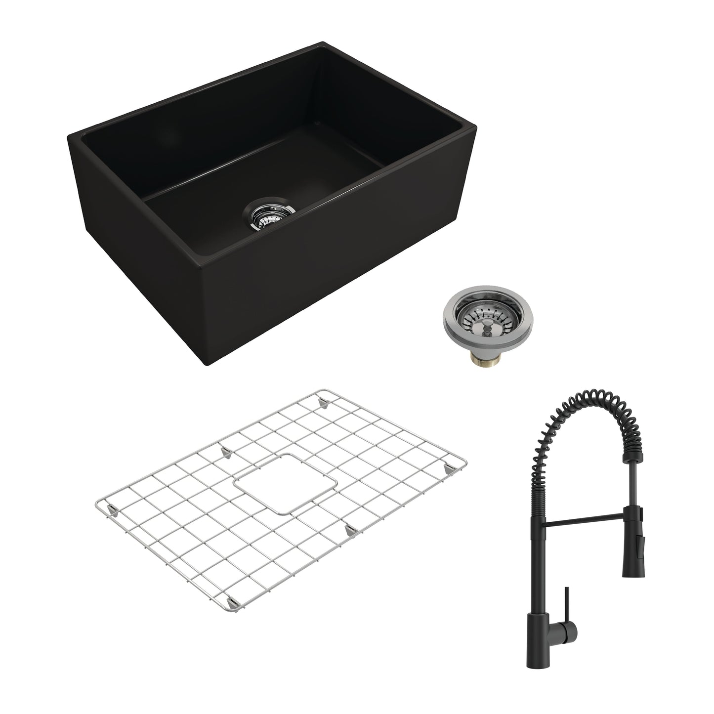 BOCCHI CONTEMPO 27" Fireclay Kitchen Sink with Protective Bottom Grid and Strainer with Livenza 2.0 Faucet