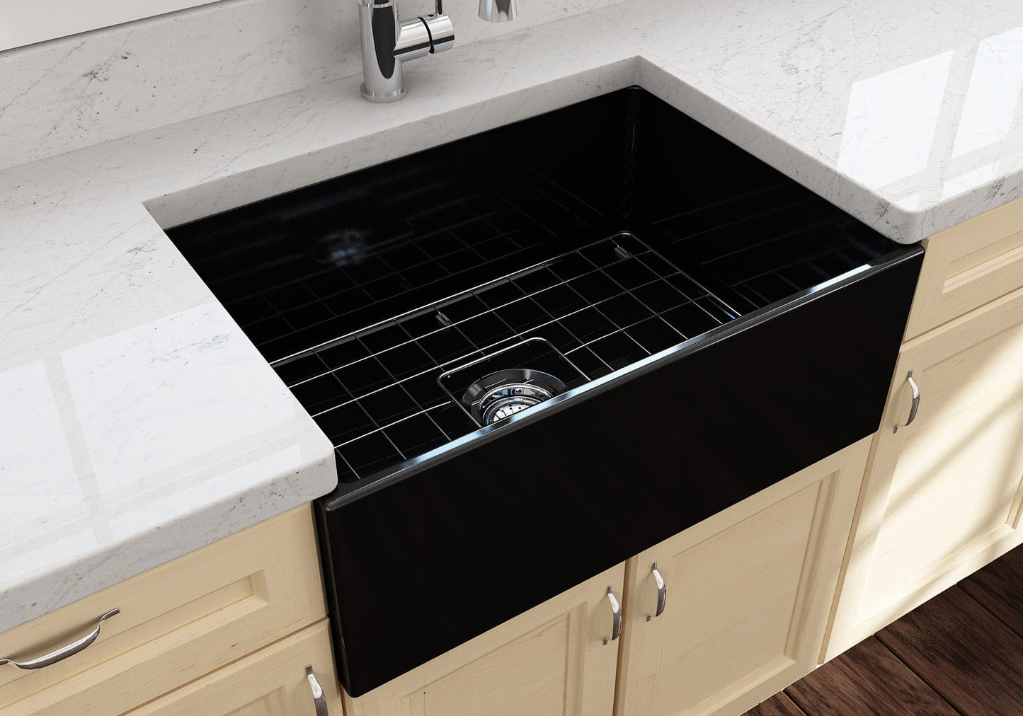 BOCCHI CONTEMPO 27" Fireclay Farmhouse Single Bowl Kitchen Sink with Protective Bottom Grid and Strainer