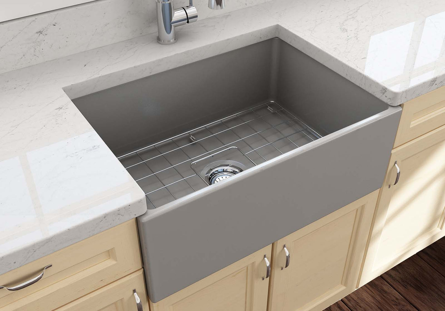 BOCCHI CONTEMPO 27" Fireclay Farmhouse Single Bowl Kitchen Sink with Protective Bottom Grid and Strainer