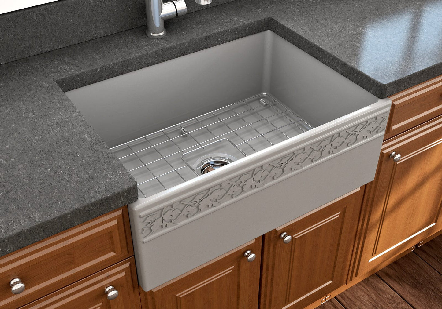 BOCCHI VIGNETO 27" Fireclay Farmhouse Single Bowl Kitchen Sink with Protective Bottom Grid and Strainer