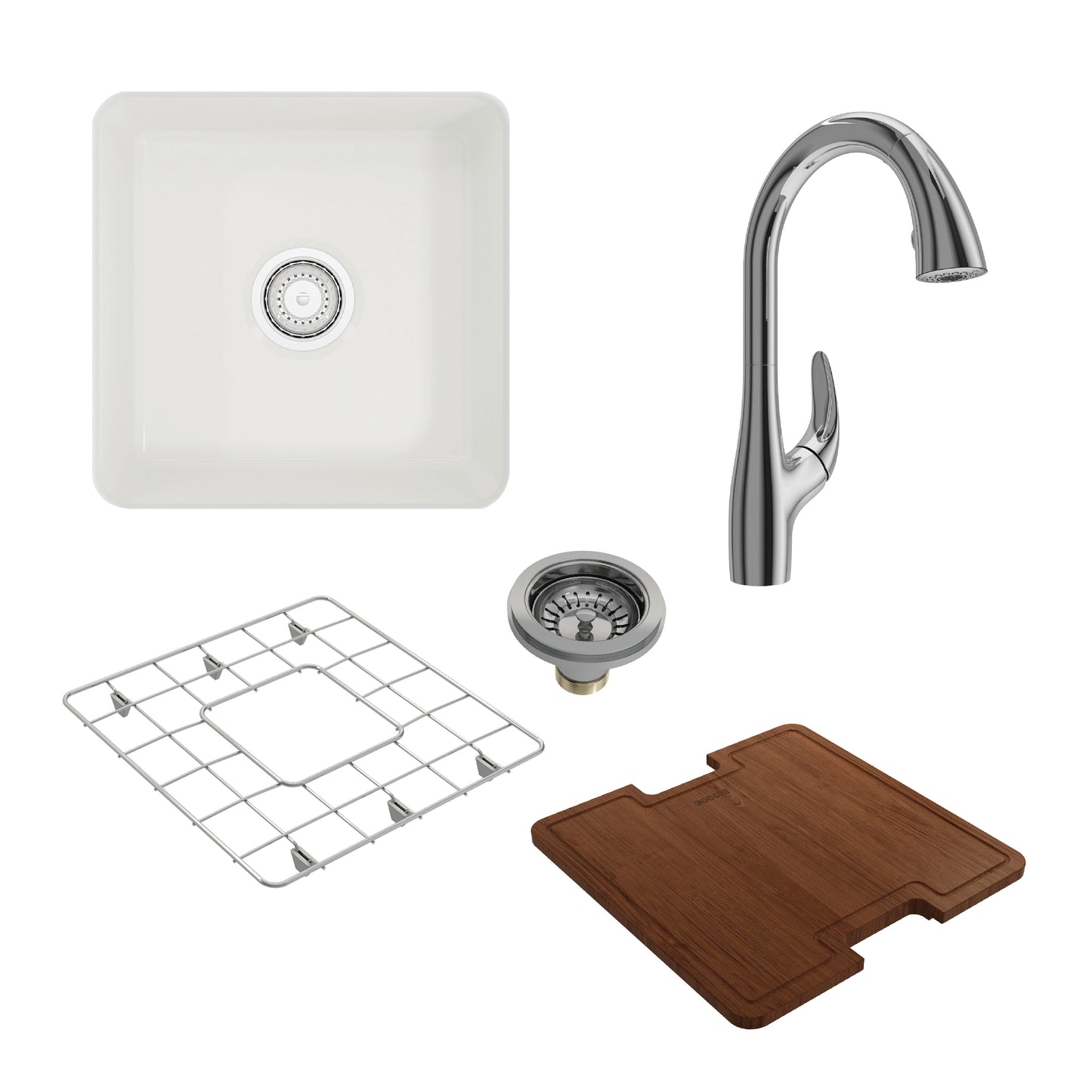 BOCCHI SOTTO 18" Fireclay Bar Sink with Protective Bottom Grid and Strainer and Accessories with Pagano 2.0 Faucet