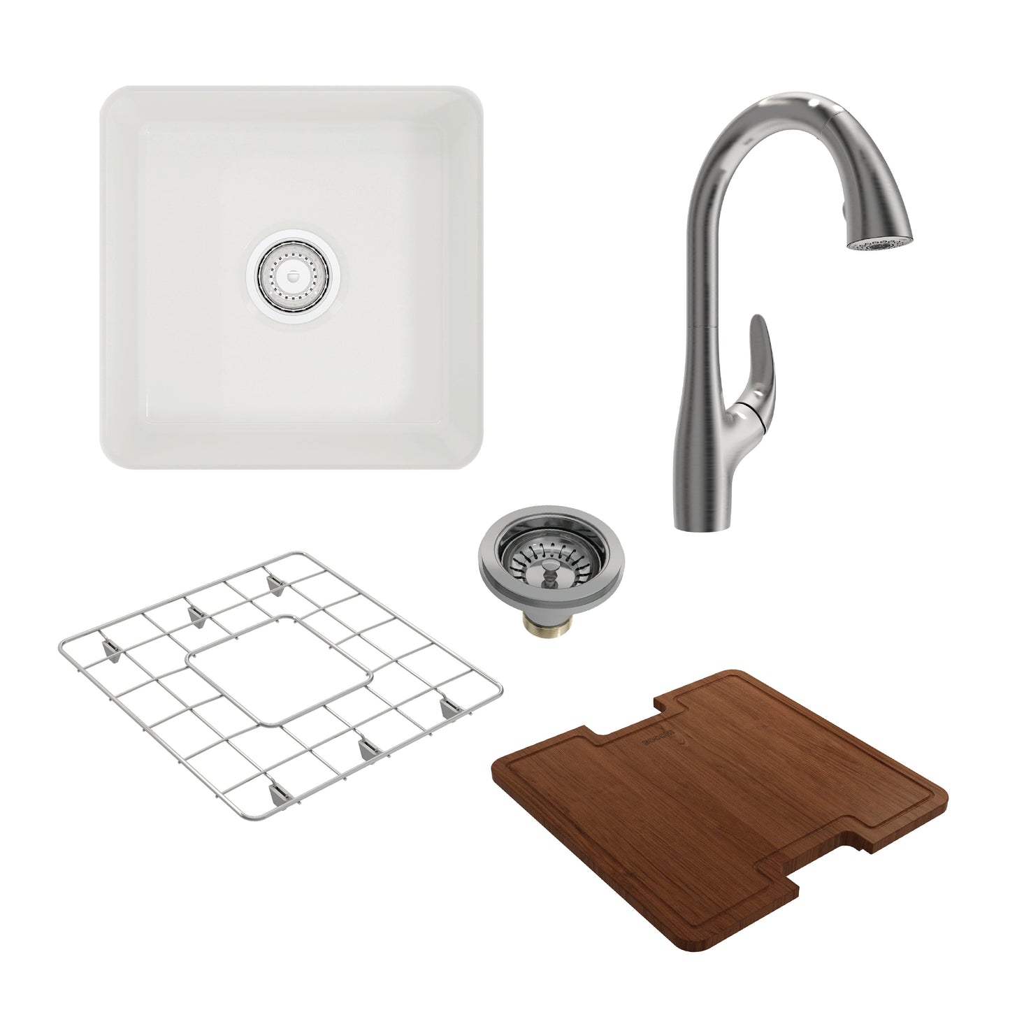 BOCCHI SOTTO 18" Fireclay Bar Sink with Protective Bottom Grid and Strainer and Accessories with Pagano 2.0 Faucet