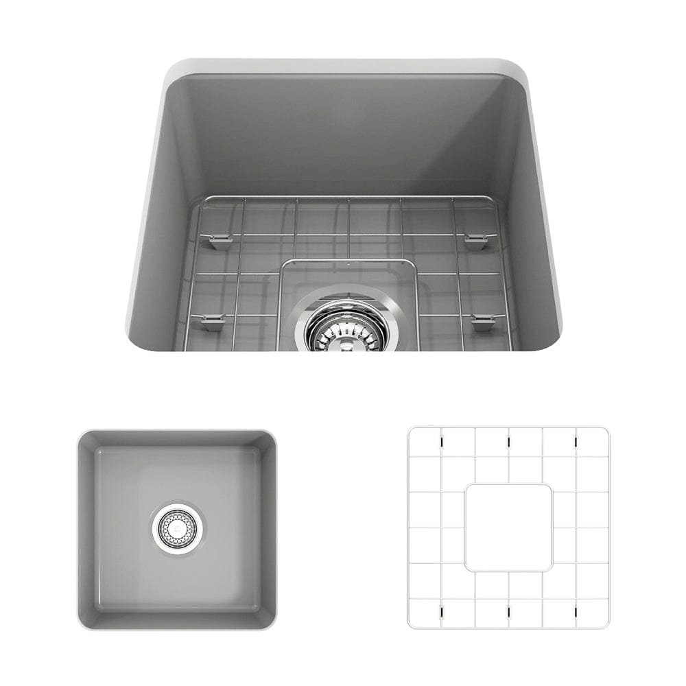 BOCCHI SOTTO 18" Fireclay Modern Undermount Single Bowl Kitchen Sink with Protective Bottom Grid and Strainer