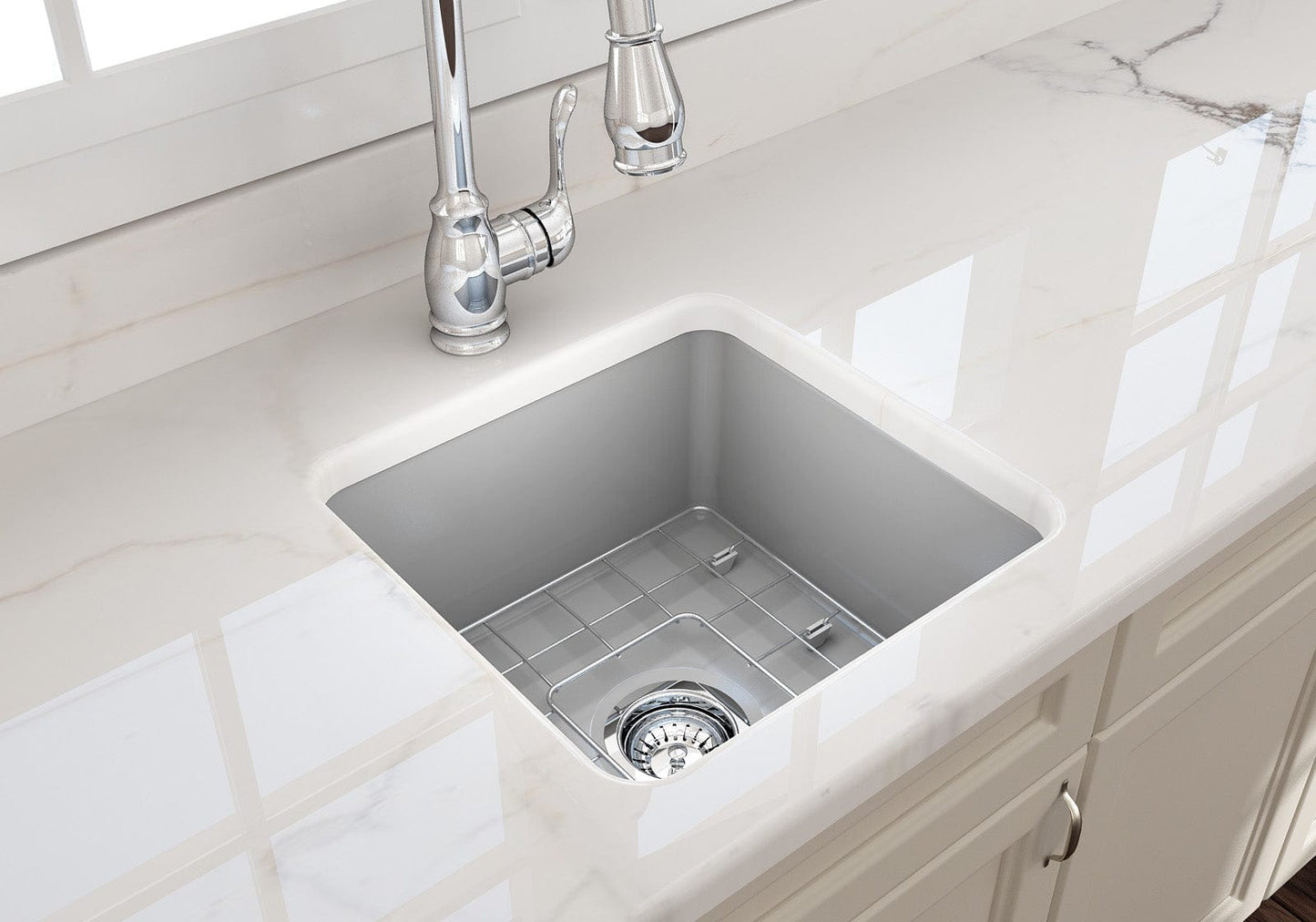 BOCCHI SOTTO 18" Fireclay Modern Undermount Single Bowl Kitchen Sink with Protective Bottom Grid and Strainer