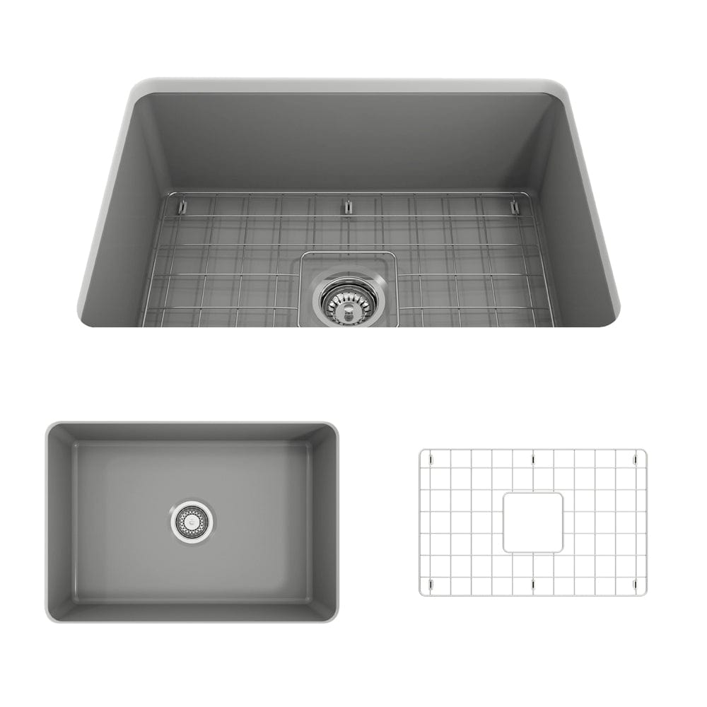 BOCCHI SOTTO 27" Fireclay Modern Undermount Single Bowl Kitchen Sink with Protective Bottom Grid and Strainer