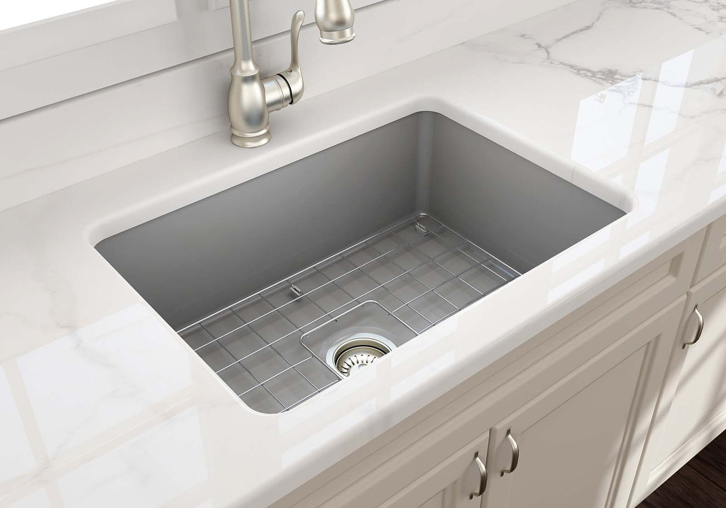 BOCCHI SOTTO 27" Fireclay Modern Undermount Single Bowl Kitchen Sink with Protective Bottom Grid and Strainer