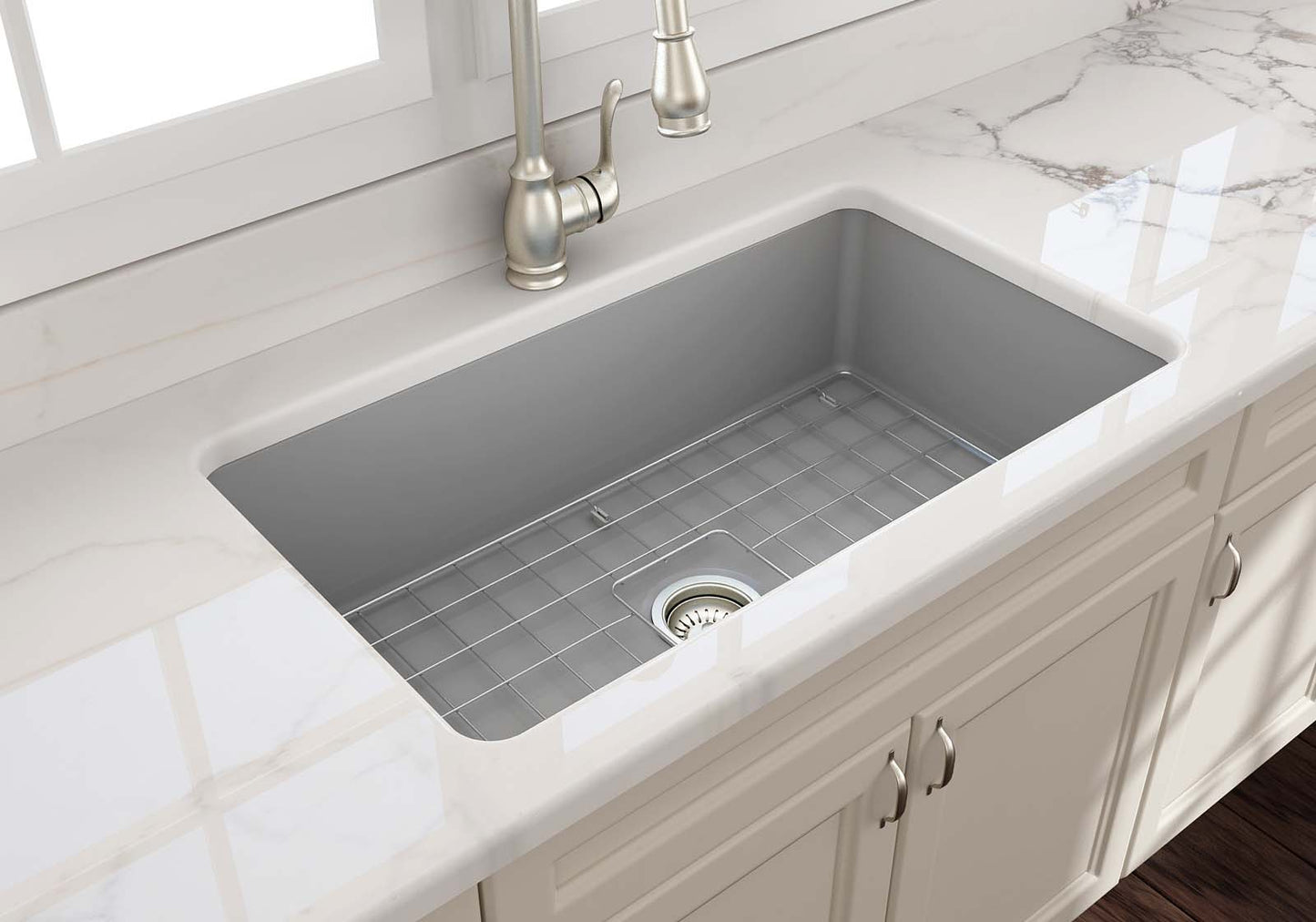 BOCCHI SOTTO 32" Fireclay Modern Undermount Single Bowl Kitchen Sink with Protective Bottom Grid and Strainer