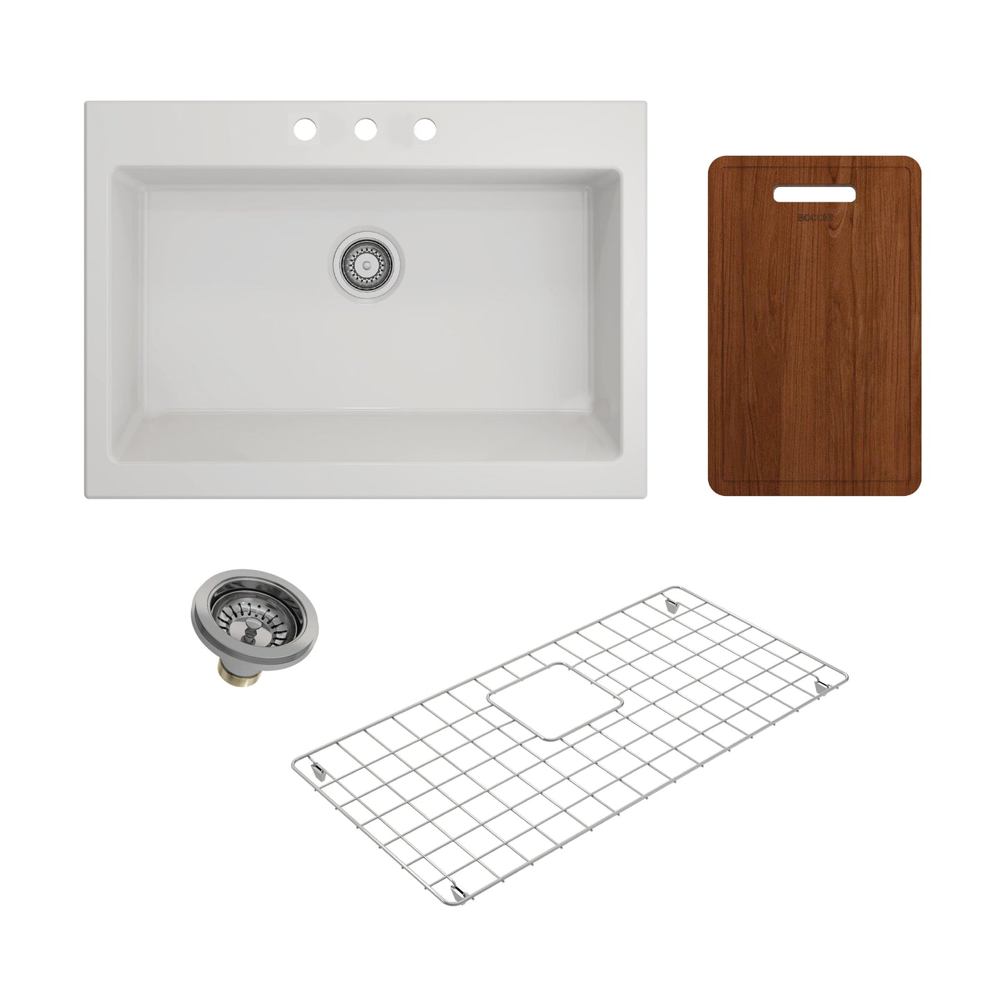 BOCCHI NUOVA 34" Fireclay Kitchen Sink with Protective Bottom Grid and Strainer and Accessories with Livenza 2.0 Faucet