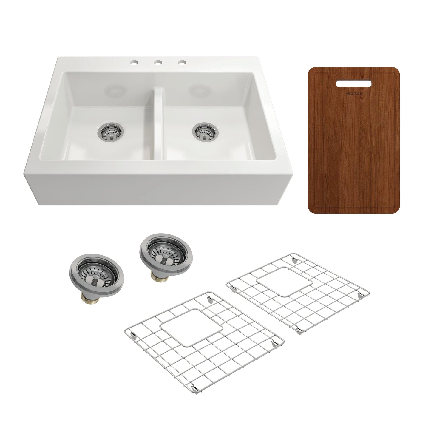 BOCCHI NUOVA 34" Fireclay Kitchen Sink with Protective Bottom Grid and Strainer and Cutting Board with Livenza 2.0 Faucet