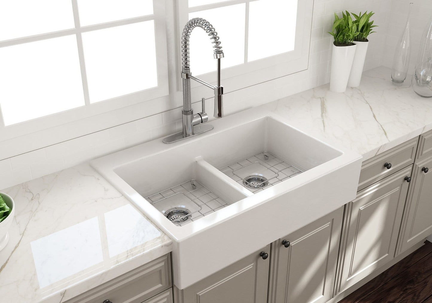 BOCCHI NUOVA 34" Fireclay Kitchen Sink with Protective Bottom Grid and Strainer and Cutting Board with Livenza 2.0 Faucet