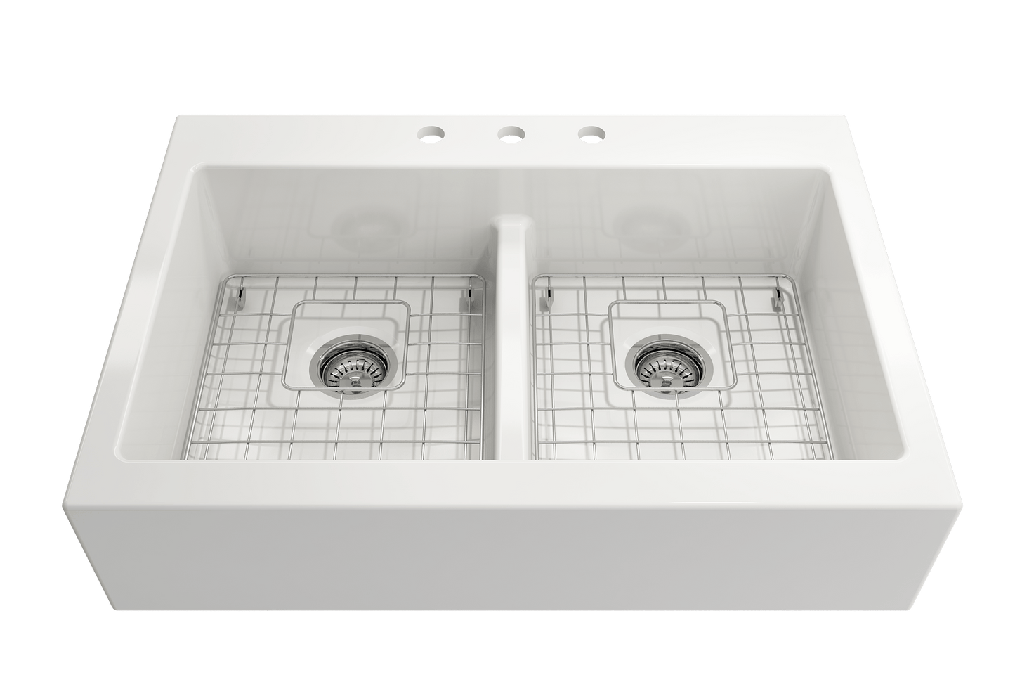 BOCCHI NUOVA Farmhouse Short Apron Front Fireclay 34" Double Bowl Kitchen Sink