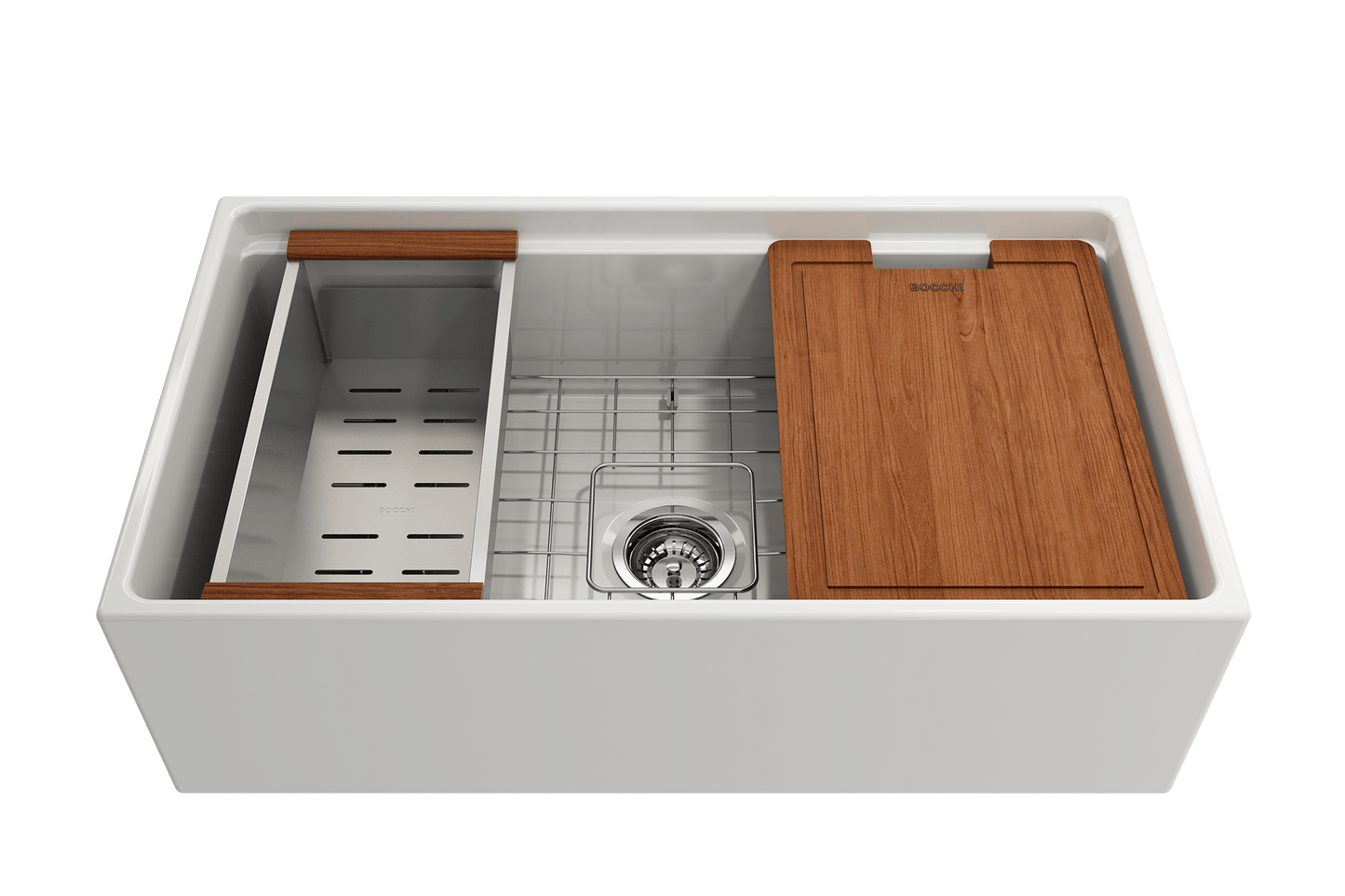 BOCCHI CONTEMPO 33" Step Rim With Integrated Work Station Fireclay Farmhouse Single Bowl Kitchen Sink with Accessories