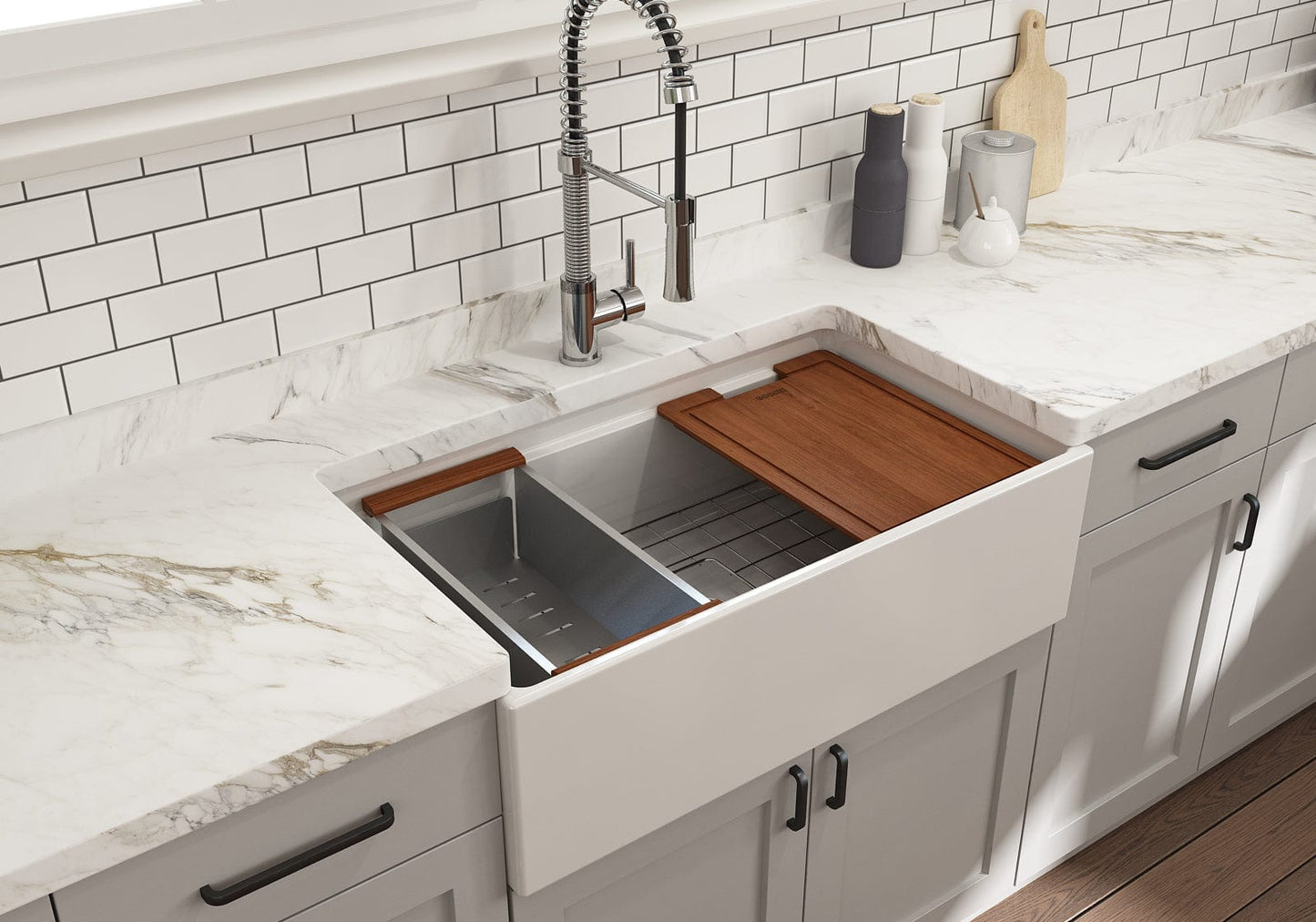 BOCCHI CONTEMPO 33" Step Rim With Integrated Work Station Fireclay Farmhouse Single Bowl Kitchen Sink with Accessories