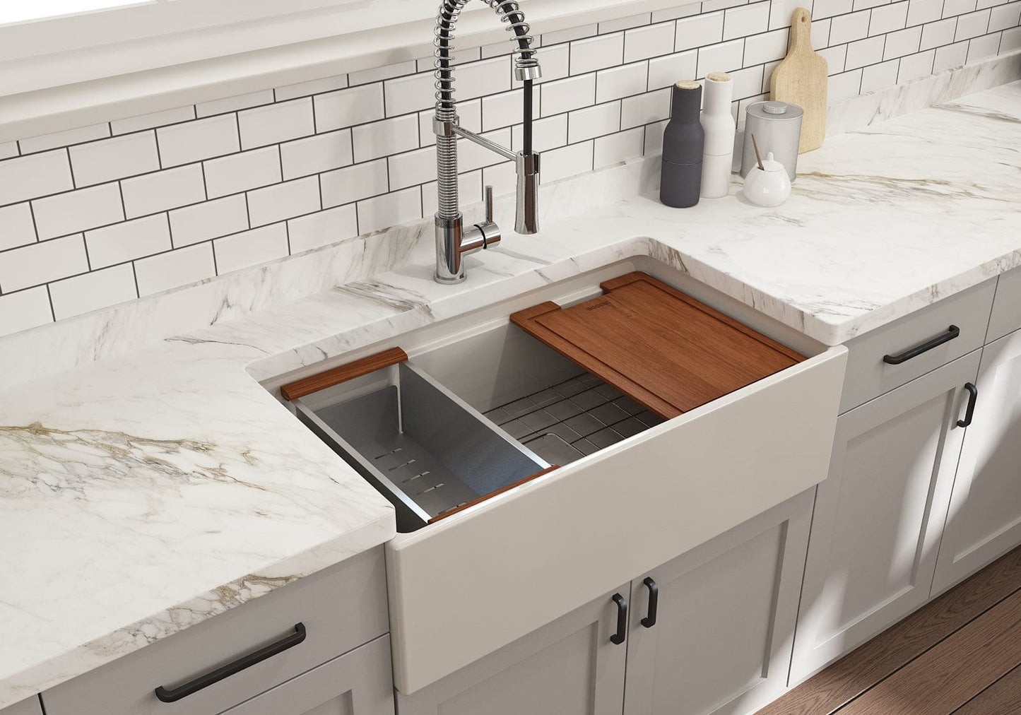 BOCCHI CONTEMPO 33" Step Rim With Integrated Work Station Fireclay Farmhouse Single Bowl Kitchen Sink with Accessories