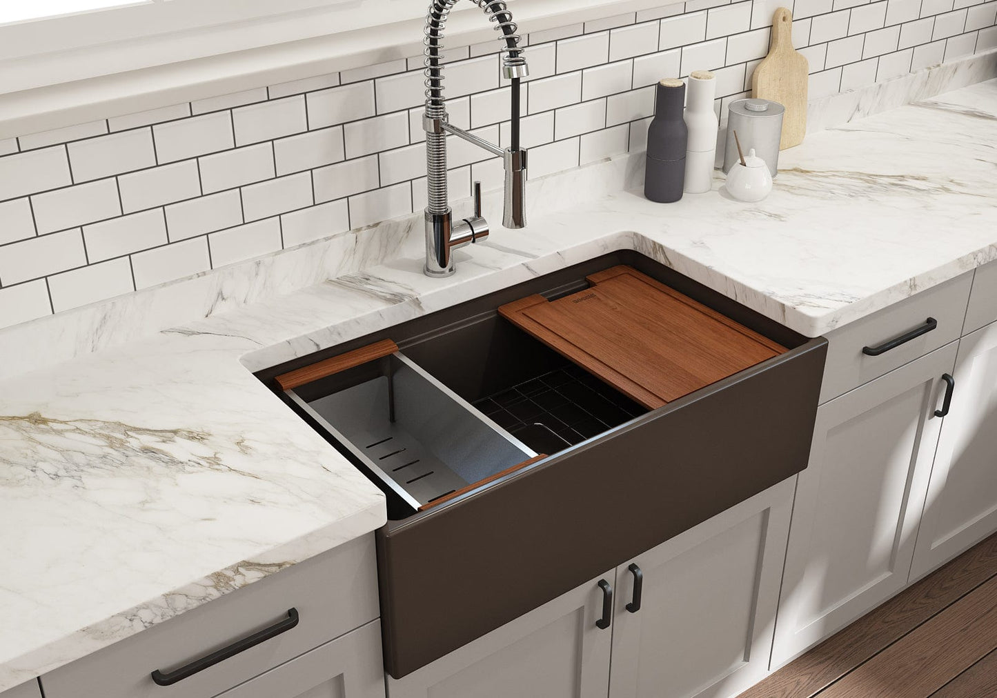 BOCCHI CONTEMPO 33" Step Rim With Integrated Work Station Fireclay Farmhouse Single Bowl Kitchen Sink with Accessories