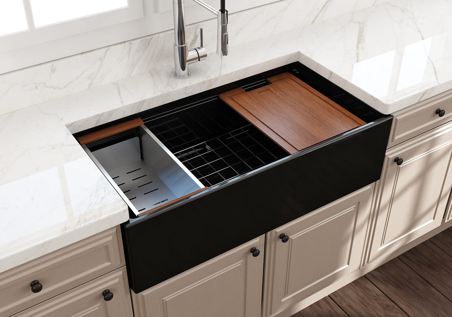 BOCCHI CONTEMPO 36" Step Rim With Integrated Work Station Fireclay Farmhouse Single Bowl Kitchen Sink with Accessories