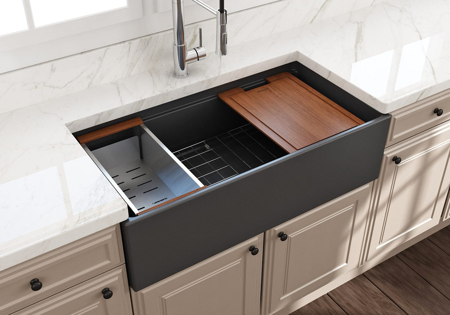 BOCCHI CONTEMPO 36" Step Rim With Integrated Work Station Fireclay Farmhouse Single Bowl Kitchen Sink with Accessories