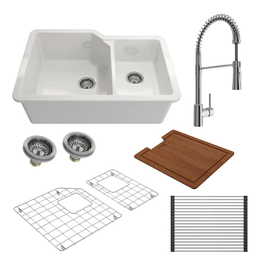 BOCCHI SOTTO 33" Fireclay Kitchen Sink with Protective Bottom Grid and Strainer & Select Workstation Accessories with Livenza 2.0 Faucet