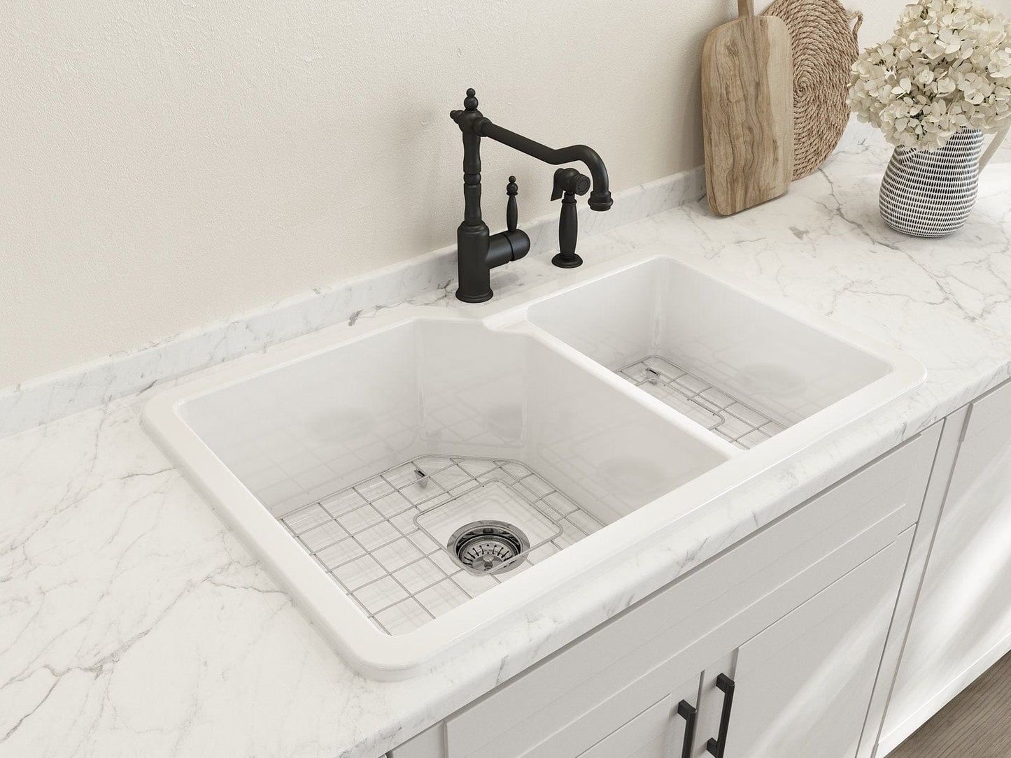 Bocchi SOTTO 33" Fireclay Double Bowl Kitchen Sink with Protective Bottom Grid and Strainer