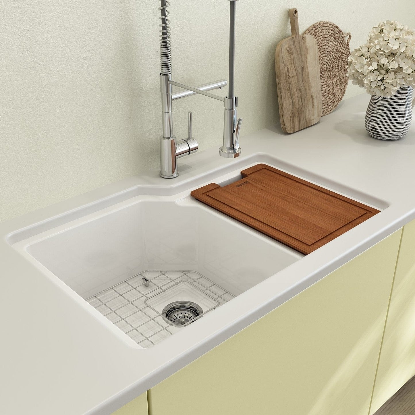 Bocchi SOTTO 33" Fireclay Double Bowl Kitchen Sink with Protective Bottom Grid and Strainer