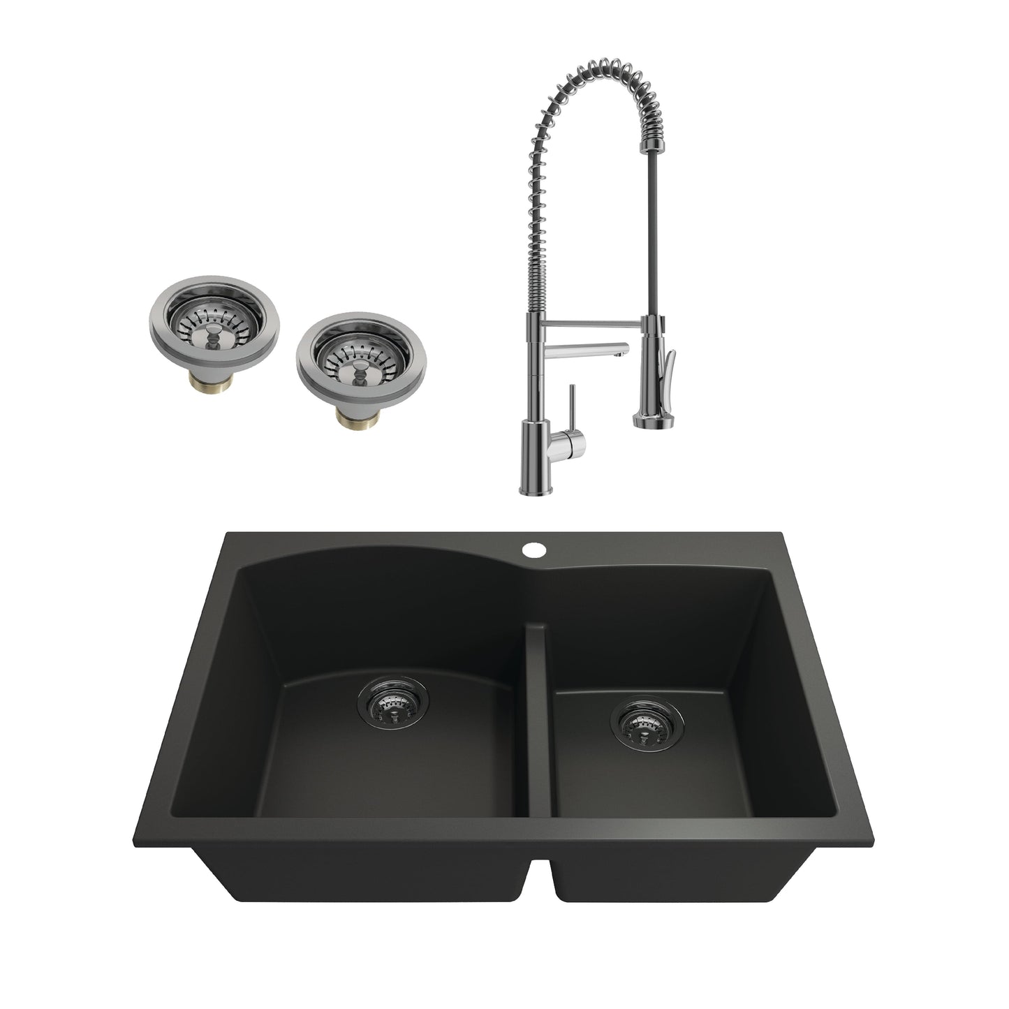 BOCCHI CAMPINO DUO 33" Granite Composite Kitchen Sink & Strainers with Maggiore 2.0 Faucet