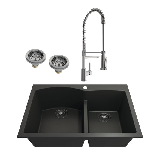 BOCCHI CAMPINO DUO 33" Granite Composite Kitchen Sink & Strainers with Maggiore 2.0 Faucet