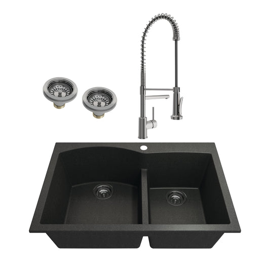 BOCCHI CAMPINO DUO 33" Granite Composite Kitchen Sink & Strainers with Maggiore 2.0 Faucet