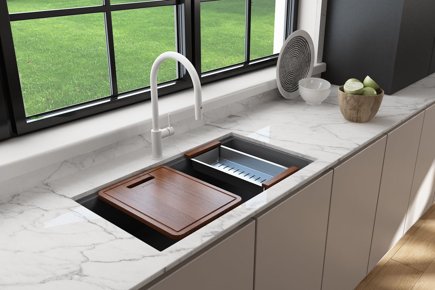 BOCCHI BAVENO LUX 34" Dual-Mount Single Bowl Granite Composite Kitchen Sink with Integrated Workstation and Accessories with Covers