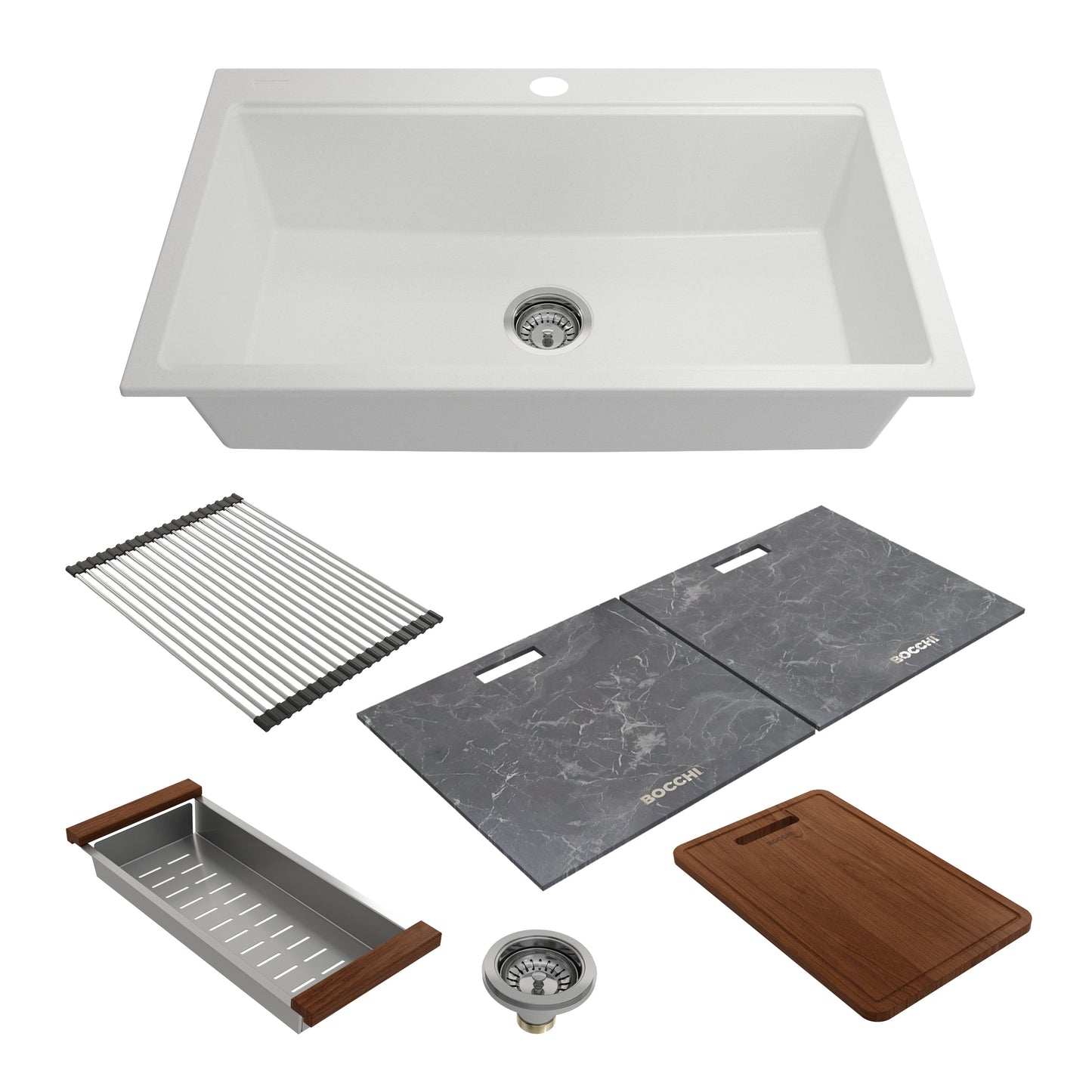 BOCCHI BAVENO LUX 34" Dual-Mount Single Bowl Granite Composite Kitchen Sink with Integrated Workstation and Accessories with Covers