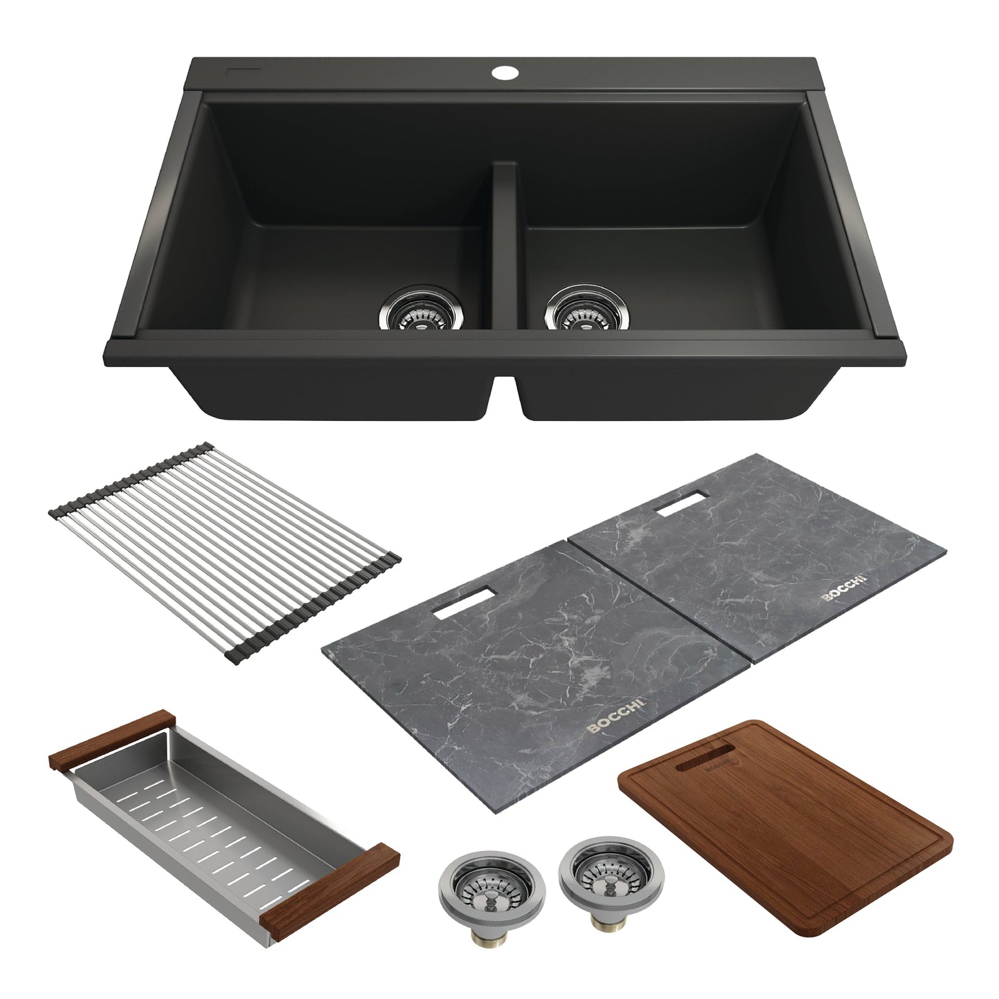 BOCCHI BAVENO LUX 33" Double Bowl Granite Composite Kitchen Sink with Integrated Workstation and Accessories with Covers