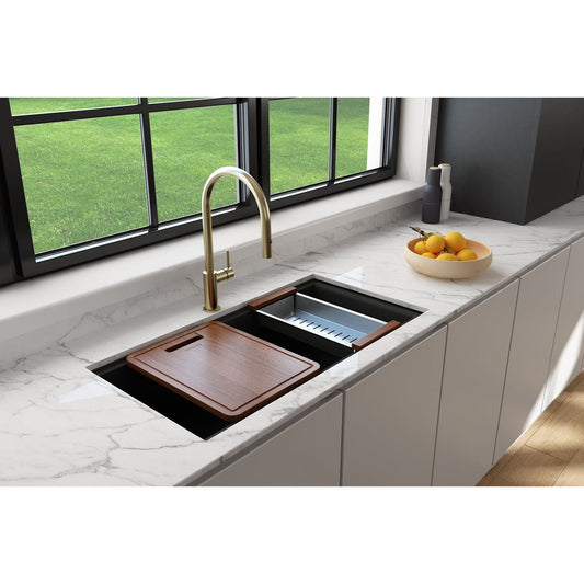 BOCCHI BAVENO LUX 33" Double Bowl Granite Composite Kitchen Sink with Integrated Workstation and Accessories with Covers