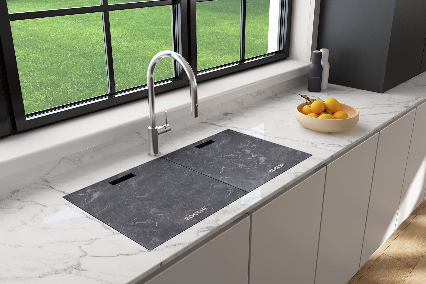 BOCCHI BAVENO LUX 33" Double Bowl Granite Composite Kitchen Sink with Integrated Workstation and Accessories with Covers