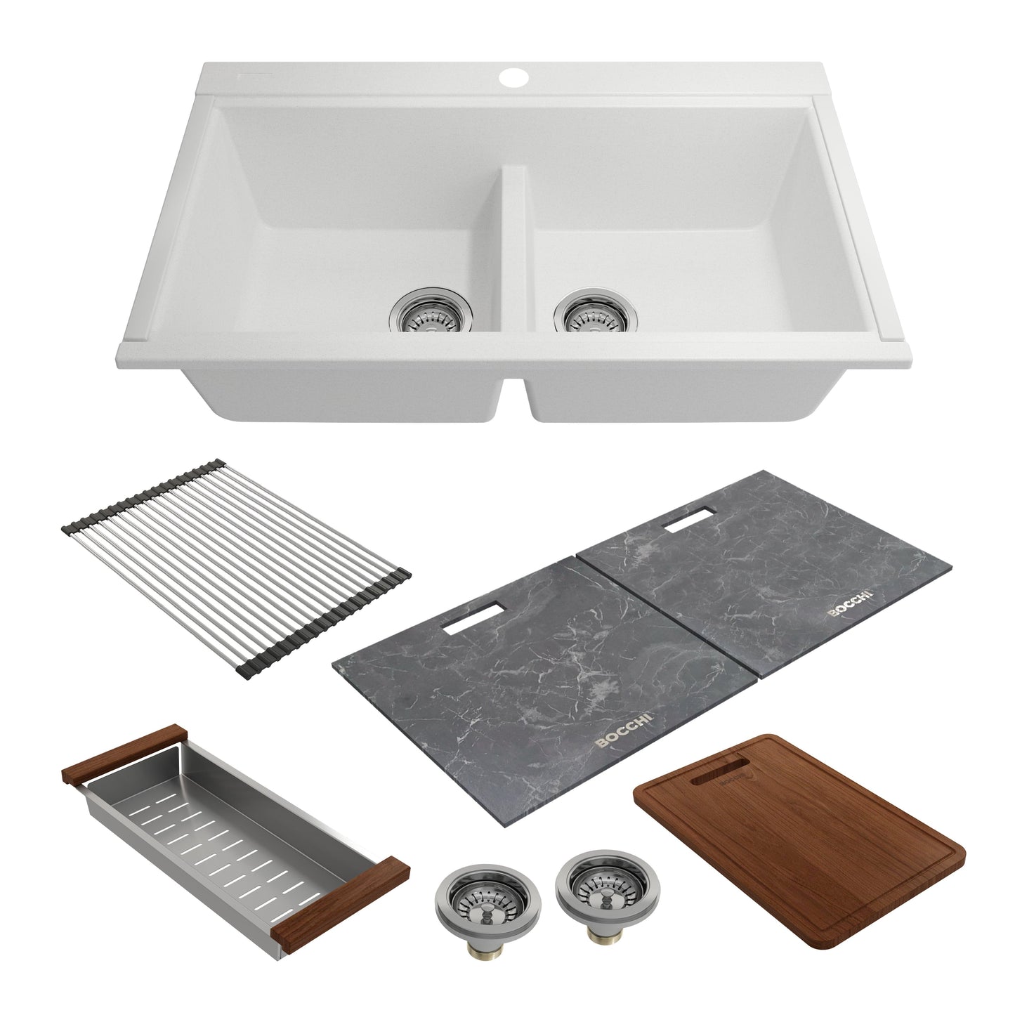 BOCCHI BAVENO LUX 33" Double Bowl Granite Composite Kitchen Sink with Integrated Workstation and Accessories with Covers