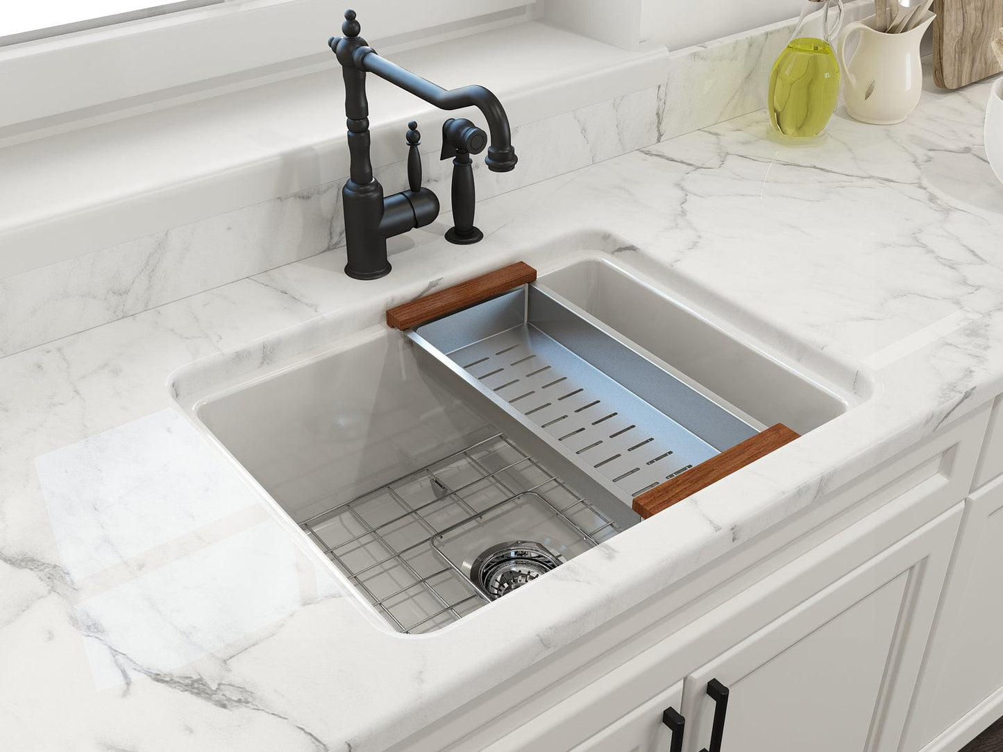 BOCCHI SOTTO 24" Fireclay Dual-Mount Single Bowl Kitchen Sink with Protective Bottom Grid and Strainer