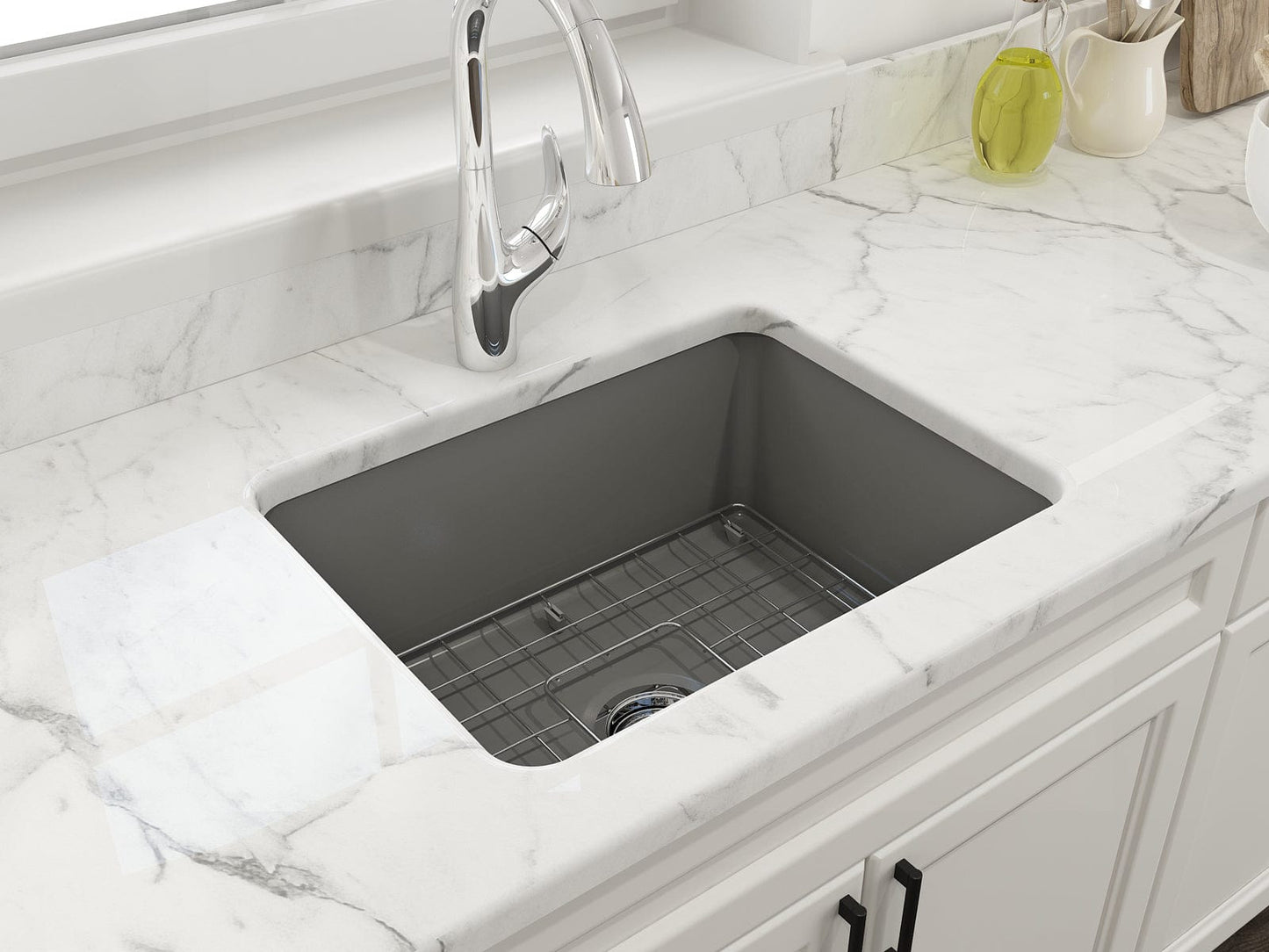 BOCCHI SOTTO 24" Fireclay Dual-Mount Single Bowl Kitchen Sink with Protective Bottom Grid and Strainer