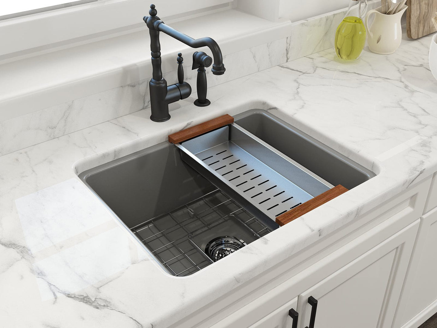 BOCCHI SOTTO 24" Fireclay Dual-Mount Single Bowl Kitchen Sink with Protective Bottom Grid and Strainer