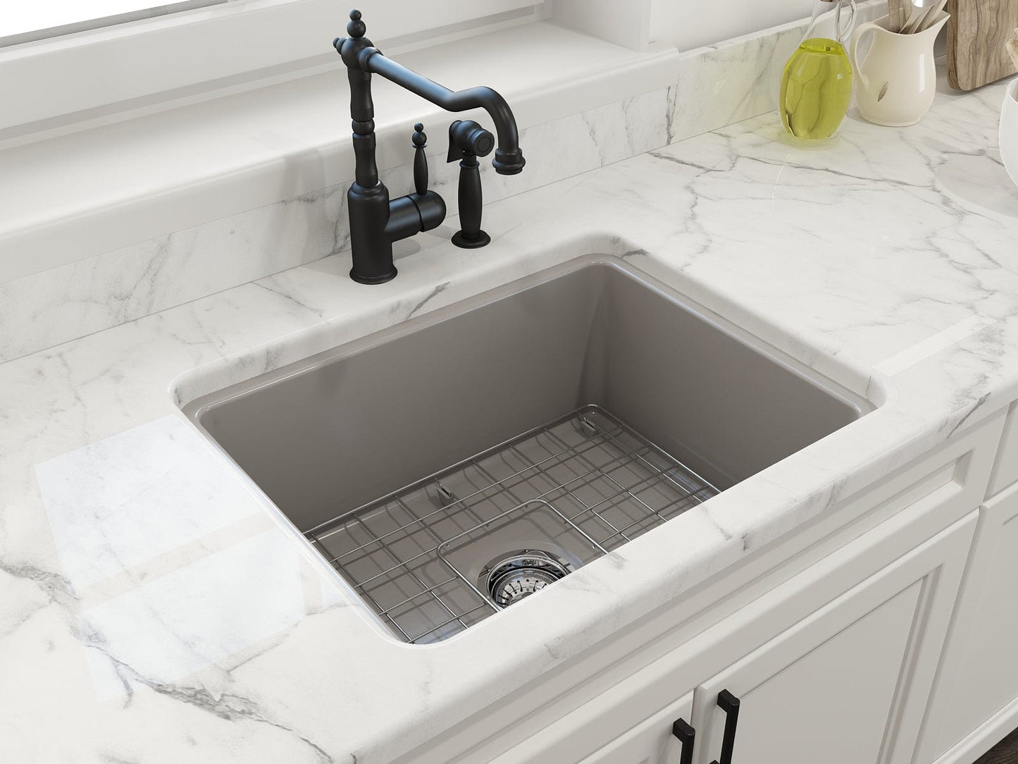 BOCCHI SOTTO 24" Fireclay Dual-Mount Single Bowl Kitchen Sink with Protective Bottom Grid and Strainer