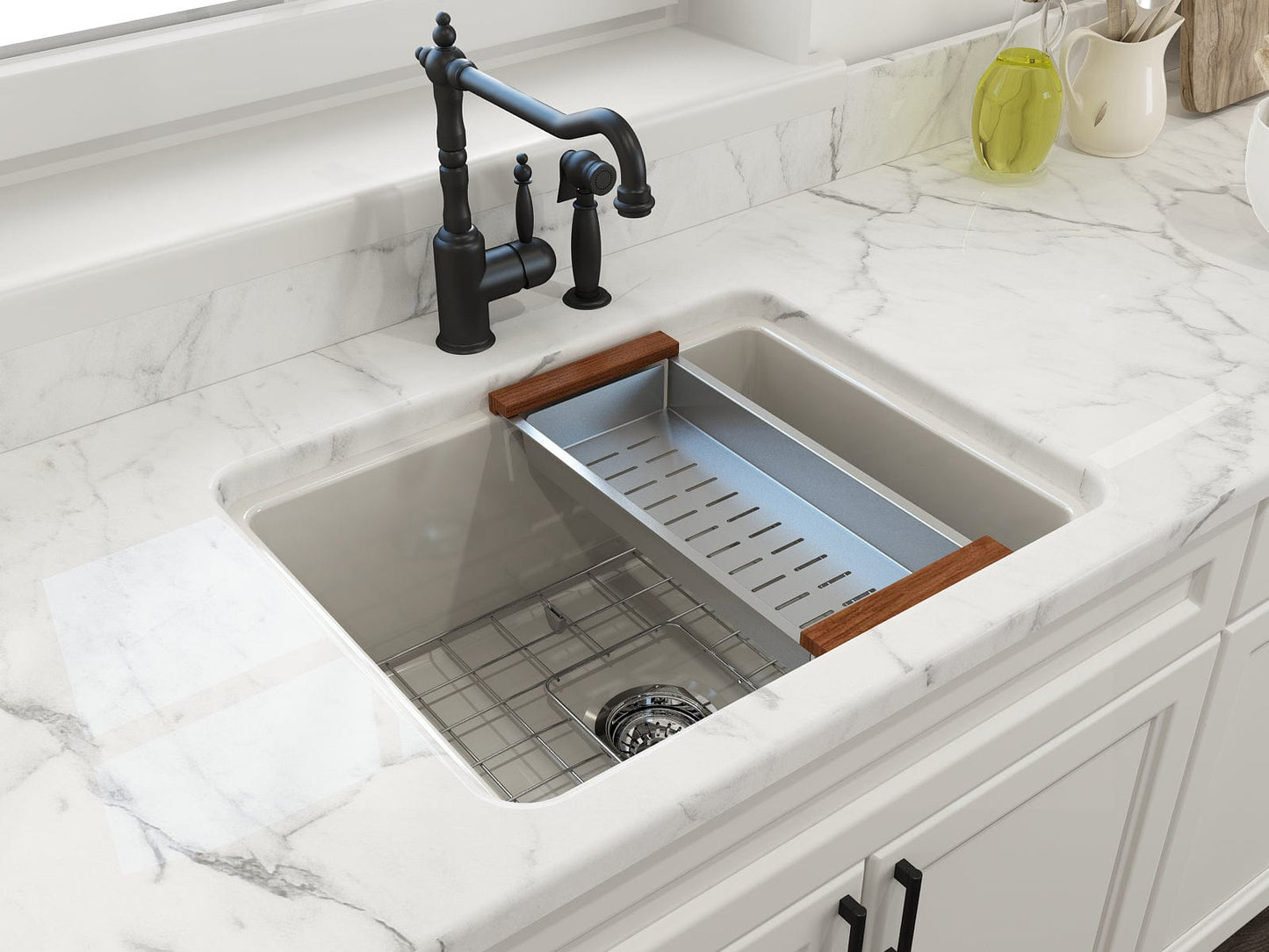 BOCCHI SOTTO 24" Fireclay Dual-Mount Single Bowl Kitchen Sink with Protective Bottom Grid and Strainer