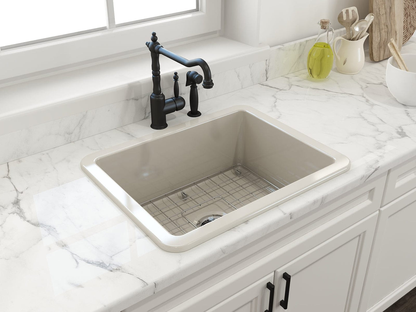 BOCCHI SOTTO 24" Fireclay Dual-Mount Single Bowl Kitchen Sink with Protective Bottom Grid and Strainer