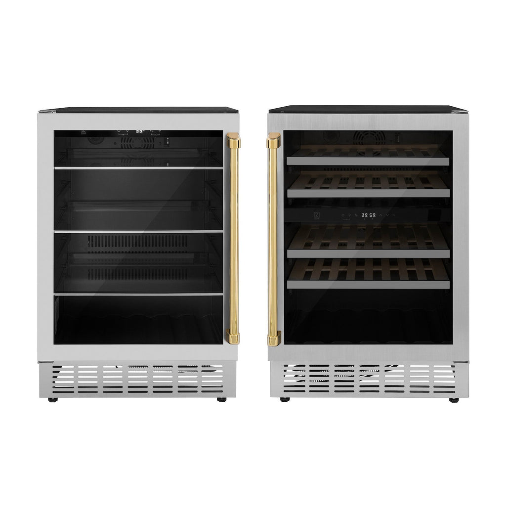 ZLINE Autograph Edition Kitchen Package with 24 in. Wine Cooler and 24 in. Beverage Fridge with Gold Accents (2AKP-RBV-RWV-G)